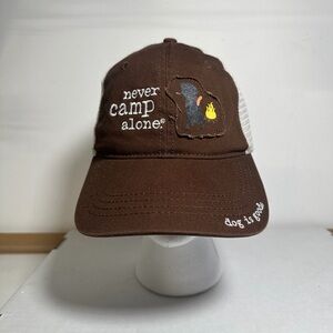 Never Camp Alone- Brown Trucker Hat with Campfire Patch